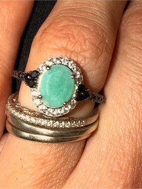 Natural Emerald with Black, Spinal & White Topaz 925 & 14Kt White Gold Ring Sz8